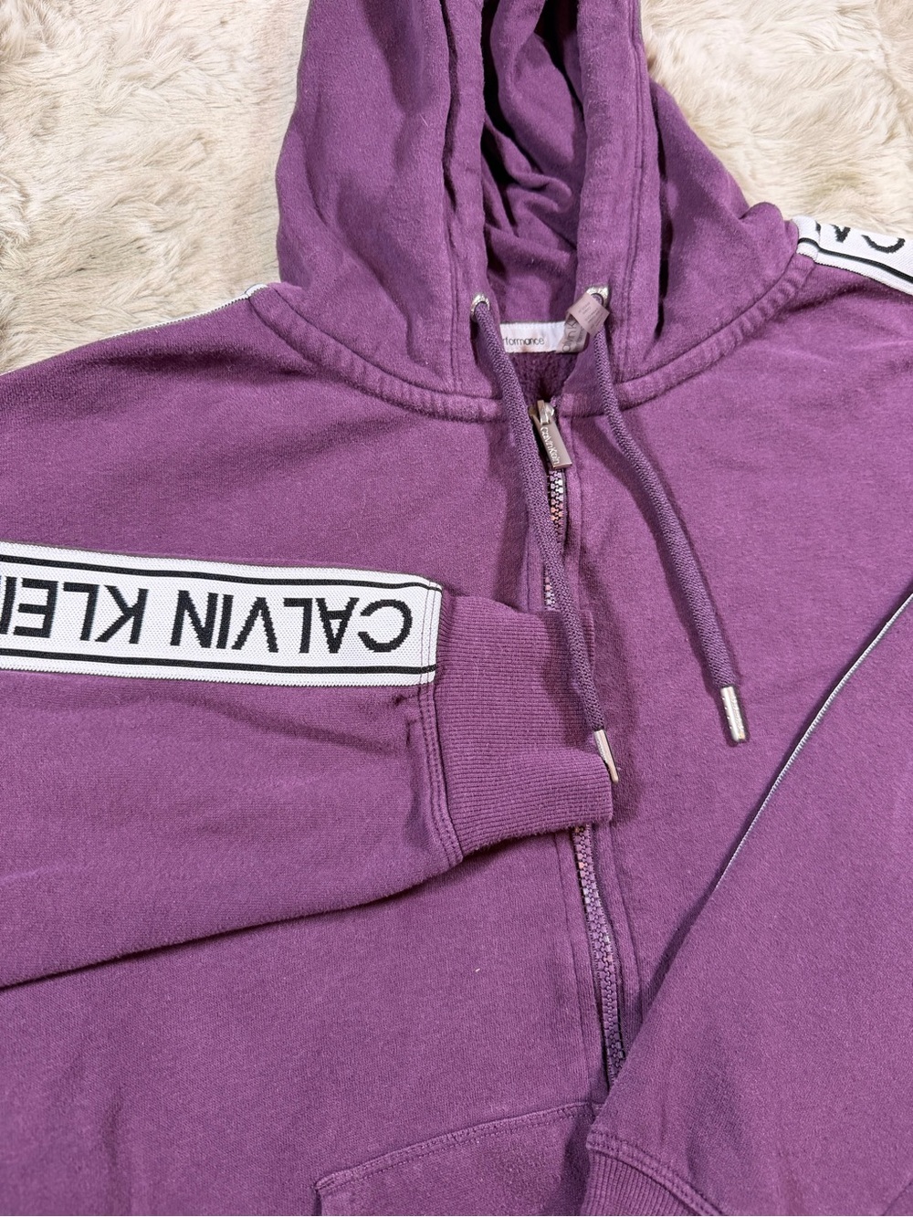 Calvin Klein Women's Purple Zip-Up Hoodie with Logo Sleeve Tape
